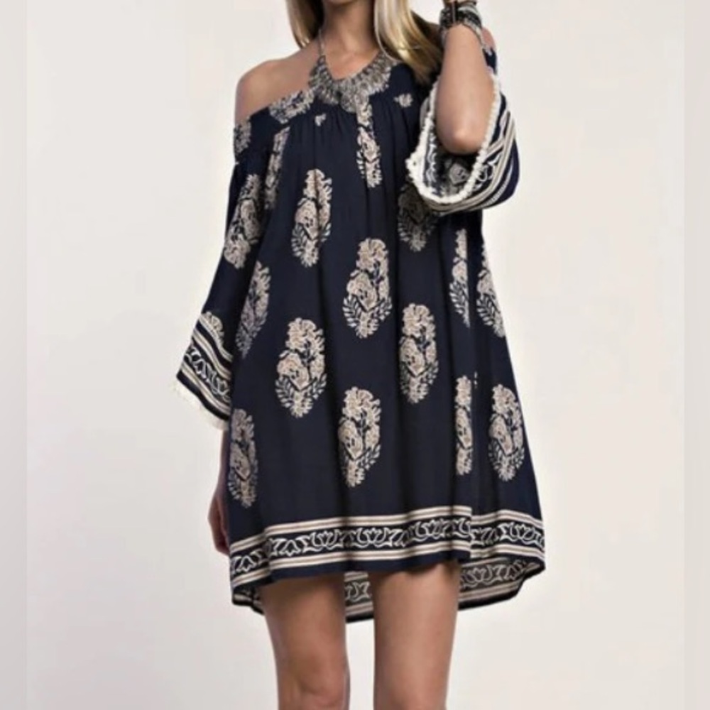 NWT Entro CASUAL OFF SHOULDER NAVY Mocha Print Mini DRESS Size Large